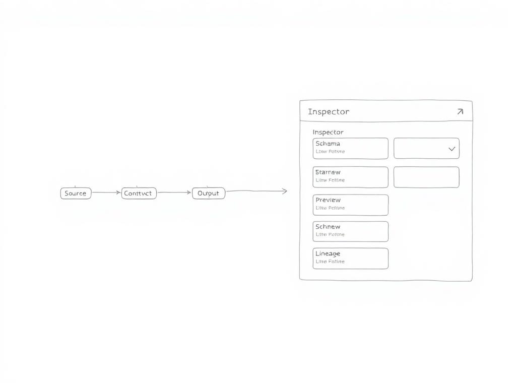 Wireframe V2: left canvas with pipeline graph, right inspector panel with Schema and Preview tabs