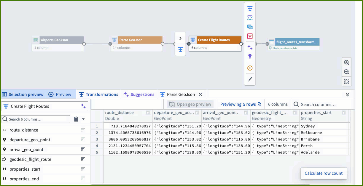 Pipeline graph: Airports GeoJSON → Parse GeoJSON → Create Flight Routes → output dataset