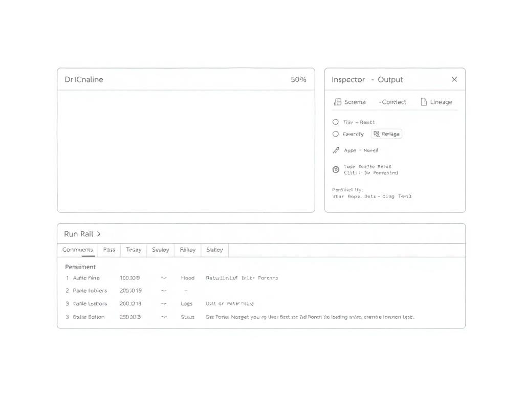 Wireframe V3: three-pane layout with canvas, inspector, and a bottom run rail for status and logs