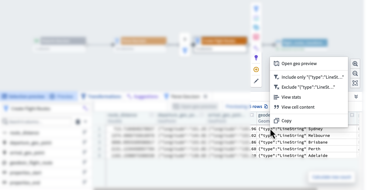 Cell context menu showing Open geo preview, Include/Exclude, View stats, View cell content, Copy