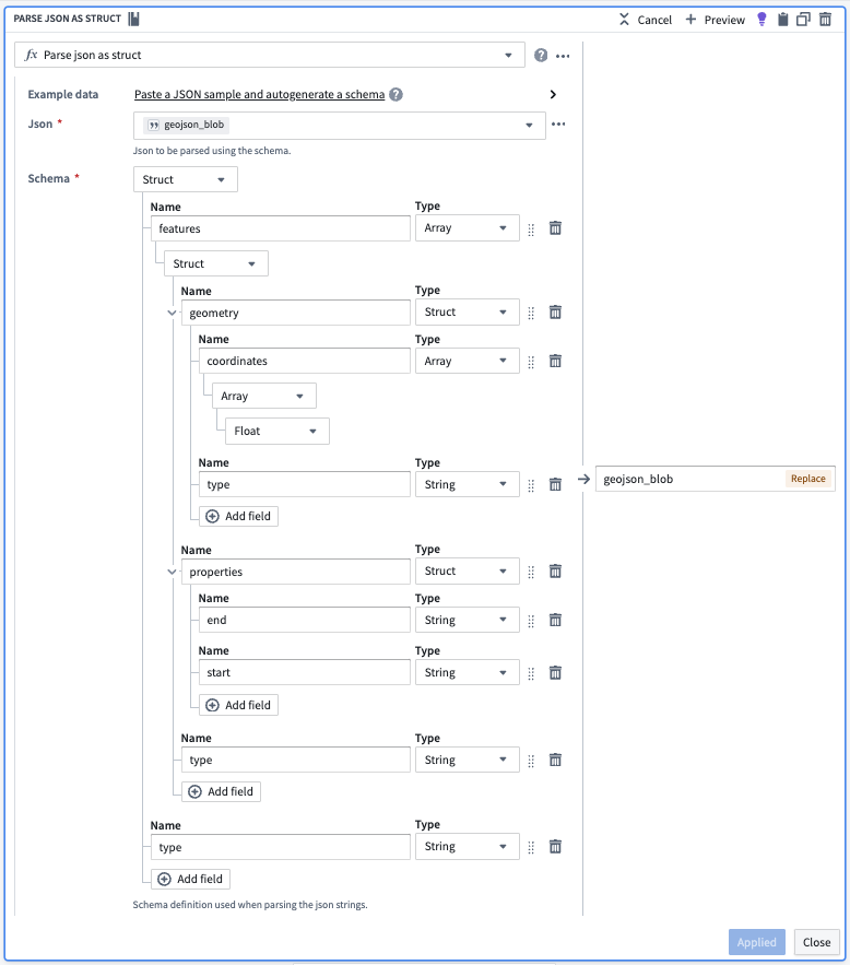 Parse JSON as Struct configuration with nested features, geometry, properties schema